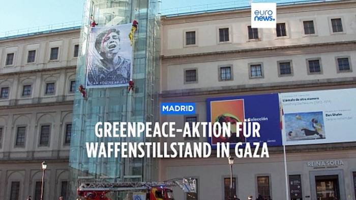Video: Protest im Madrider Kunstmuseum: Greenpeace fordert Waffenstillstand für Gaza