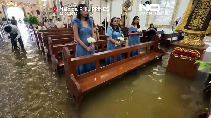 Video: Taifun kann Hochzeit in überfluteter Kirche auf den Philippinen nicht stoppen