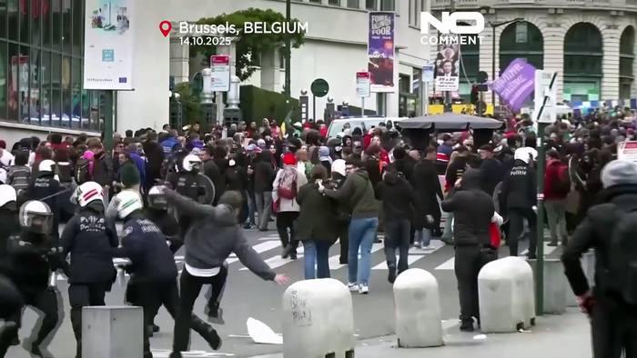 News video: Belgische Polizei stößt mit Demonstranten zusammen, Wut über Sparmaßnahmen in Brüssel
